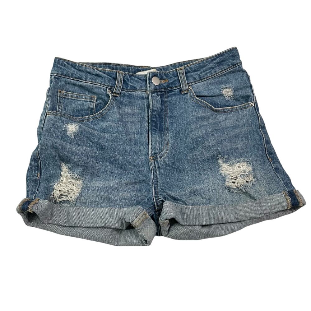 H&M Jean Shorts Womens Size 6 Blue Jean Denim Cuffed Distressed Mid Rise Zip Fly